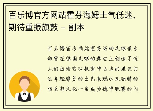 百乐博官方网站霍芬海姆士气低迷，期待重振旗鼓 - 副本